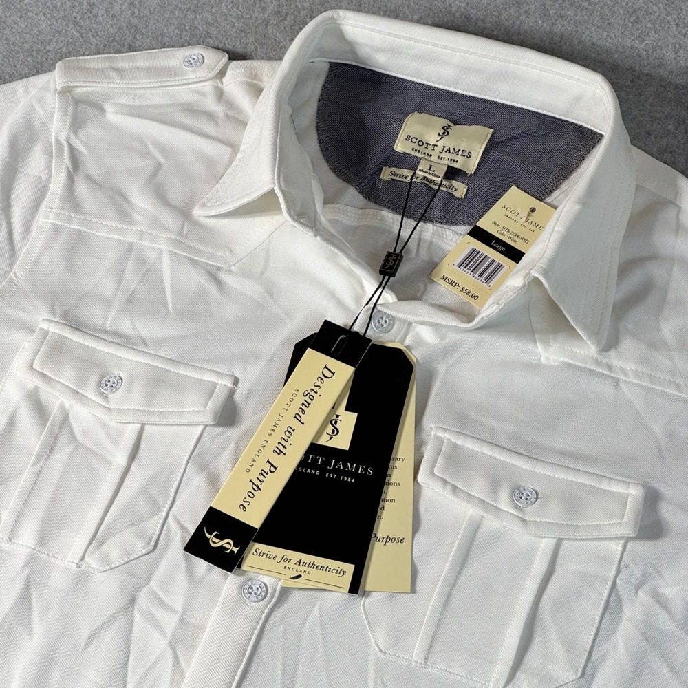 Scott James Mens White Pique Short Sleeve Button Down Shirt L NWT